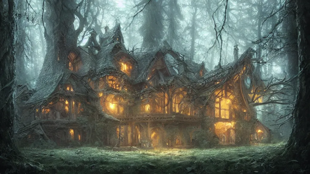 Image similar to a magical house in a forest, spirals, high detail, digital art, painted by greg rutkowski, painted by seb mckinnon, trending on artstation