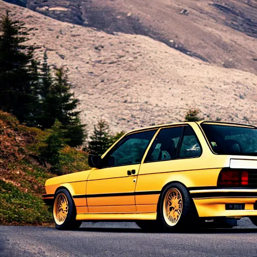 Image similar to a rear shot of a modified bmw e 3 0 with lights on a mountain road, motion blur, 3 5 mm photography, car photography, clean lines, realistic