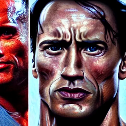 Image similar to ( dwayne rock johnson ) have a body and face of arnold arnold schwarzenegger from terminator movie. symmetric face, coherent face, coherent eyes, symmetric eyes