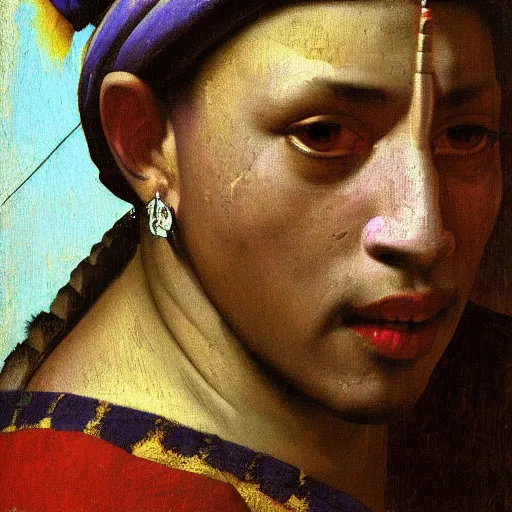 Image similar to high quality high detail painting by johannes vermeer, portrait of a mayan jaguar warrior, hd, photorealistic lighting