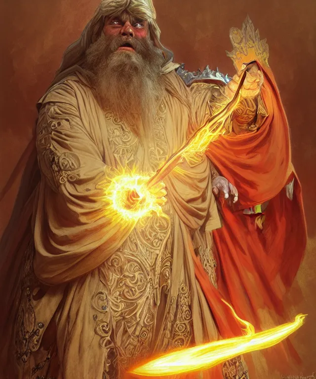 Image similar to brian blessed as a fantasy dwarf wizard, casting a fireball spell, with a staff and billowing cloak, portrait, fantasy, intricate, elegant, highly detailed, digital painting, artstation, concept art, smooth, sharp focus, illustration, art by artgerm and greg rutkowski and alphonse mucha