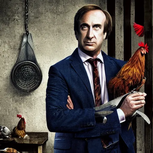Image similar to saul goodman and a rooster in a medieval torture chamber, saw blades and knives in the background, horror movie, saul goodman, rooster, real life photo, detailed face