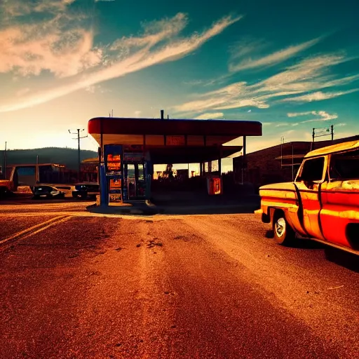 Image similar to sunset light landscape with bryce canyon, lots of sparkling details and sun ray ’ s, blinding backlight, smoke, volumetric lighting, colorful, octane, 3 5 mm, abandoned gas station, old rusty pickup - truck, beautiful epic colored reflections, very colorful heavenly, softlight