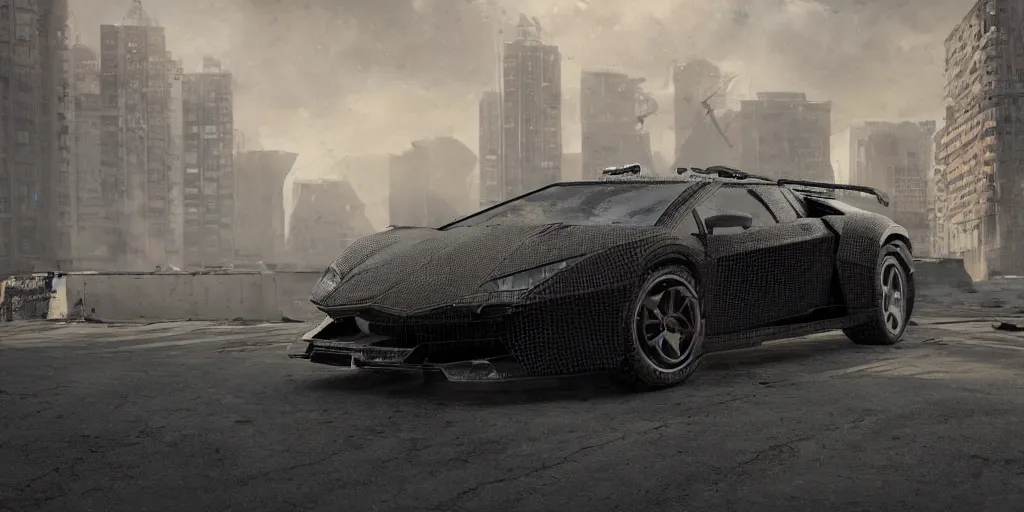 Image similar to black lego lamborghini in an abandoned city. brutalist architecture. soft light. cinematic. intricate. low angle close shot. highly detailed. matte painting in the style of thu berchs, sparth style, pascal blanche style, eddie mendoza style, ash thorp style. octane render. 8 k. trending on artstation