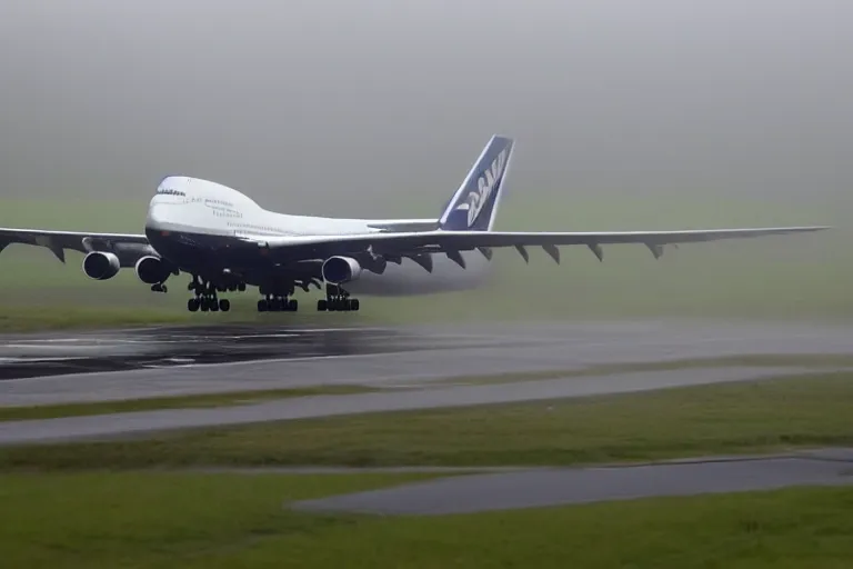 Image similar to detailed photo of a boeing 7 4 7 landing at a 4 5 degree angle, on a runway in heavy rain and wind, photo from a spectator, 8 k, natural lighting