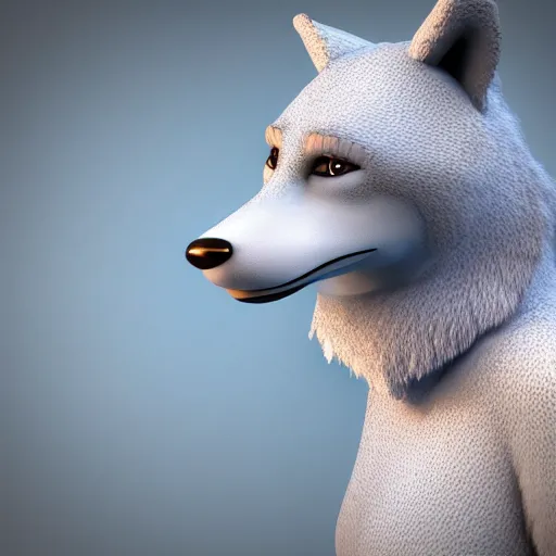 Image similar to 3 d render, well toned, large and tall, female, anthropomorphic wolf with a short snout, furless, blue scales with white spots, icey blue dress, scales covering her chest.