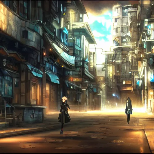 Image similar to screenshot from an anime, hd, artstation, sci-fi, anime in a steampunk city