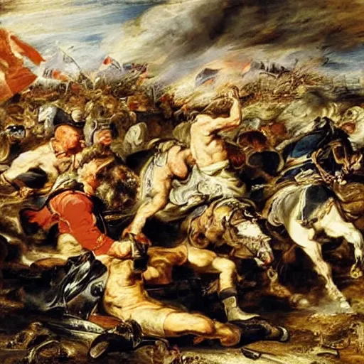 Image similar to A painting of a battlefield, with soldiers fighting and dying, by Peter Paul Rubens