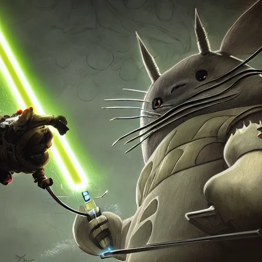 Image similar to totoro jedi slaying a sith lord, intricate detail, royo, klimt, miro, vallejo, frazetta, giger, whealan, hd, unreal engine,