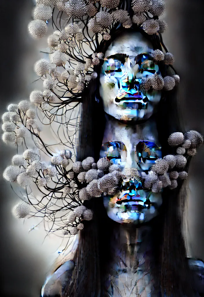 Prompt: tight portrait of a young beautiful woman with eyes closed, with a mask. fractal, mandelbulb, branches, speed painting, scribble art, octane render, portrait. behance, artstation, black and white. intricate detail, beautiful, moody, cinematic. futurism, Unreal Engine, photorealistic.