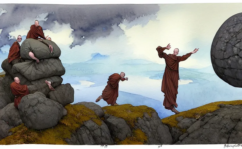 Image similar to a hyperrealist watercolour concept art of a group of grey monks levitating a huge rock in the air over their head. it is a misty night on the moors of ireland. a large flat rock is in the sky. by rebecca guay, michael kaluta, charles vess and jean moebius giraud. high detail, hq, wide shot