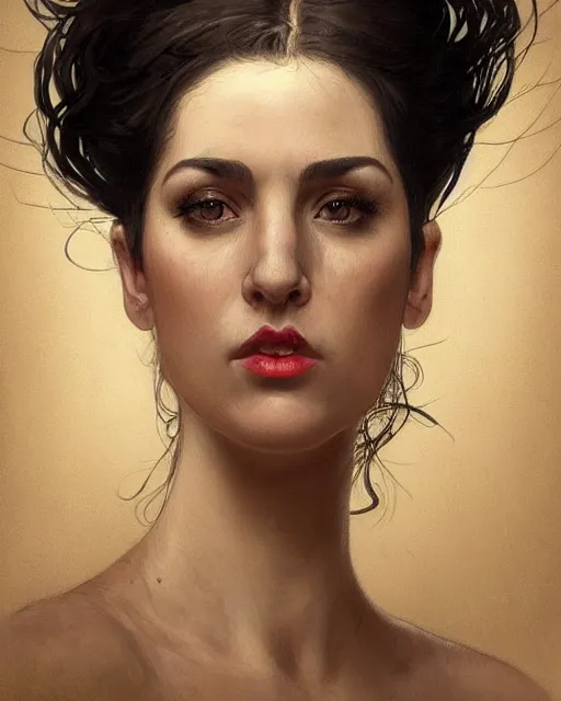 Image similar to portrait of a tall 4 0 - year - old woman with thin lips, long, lush black hair, and thick eyebrows, wearing in black clothes, hyper realistic face, beautiful eyes, close up, fantasy art, in the style of greg rutkowski, intricate, alphonse mucha, hyper detailed, smooth