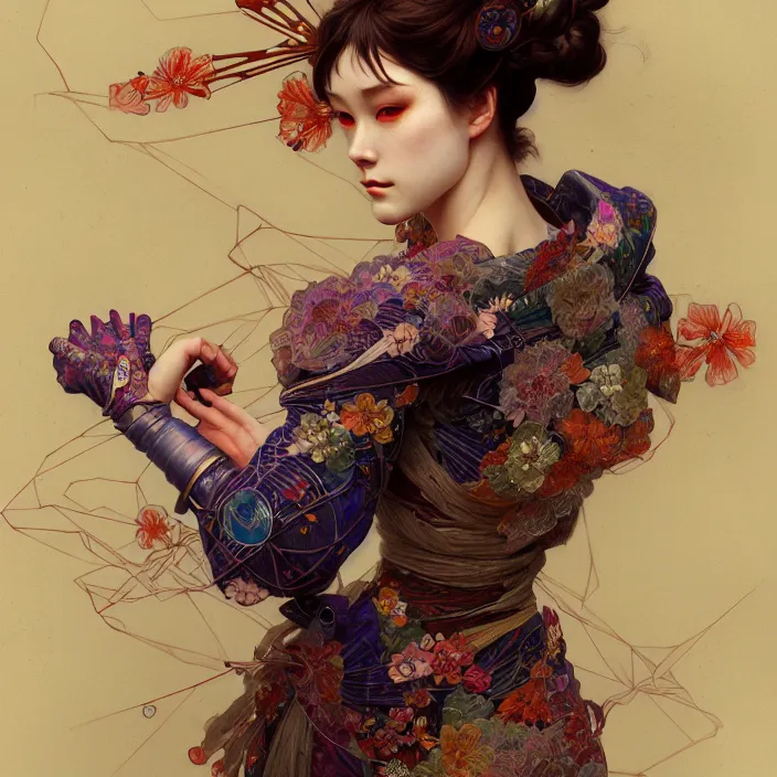 Image similar to fabric cyborg, Japanese kimono, diffuse lighting, fantasy, intricate, elegant, highly detailed, lifelike, photorealistic, digital painting, artstation, illustration, concept art, smooth, sharp focus, art by John Collier and Albert Aublet and Krenz Cushart and Artem Demura and Alphonse Mucha