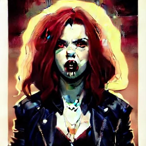 Image similar to rafael albuquerque comic art, peter mohrbacher, david baldeon, artgerm, pretty scarlett johansson vampire sharp vampire teeth open mouth, symmetrical eyes, black leather jacket, jeans, long blonde hair