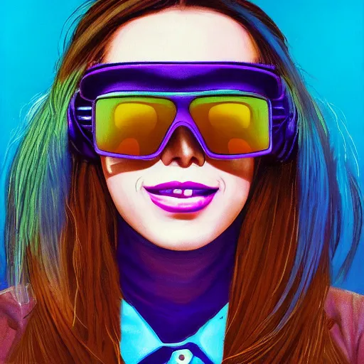 Prompt: closeup painting of a very beautiful young mexican cyberpunk woman with a smile, light blue retro slotted shades on her face, and a purple coloured leather jacket, one side haircut, long brown hair with light blue ends, portrait, sci - fi, hyperdetailed, cgsociety, synthwave by tangerine dream, by jean - michel jarre, by vangelis, by john carpenter