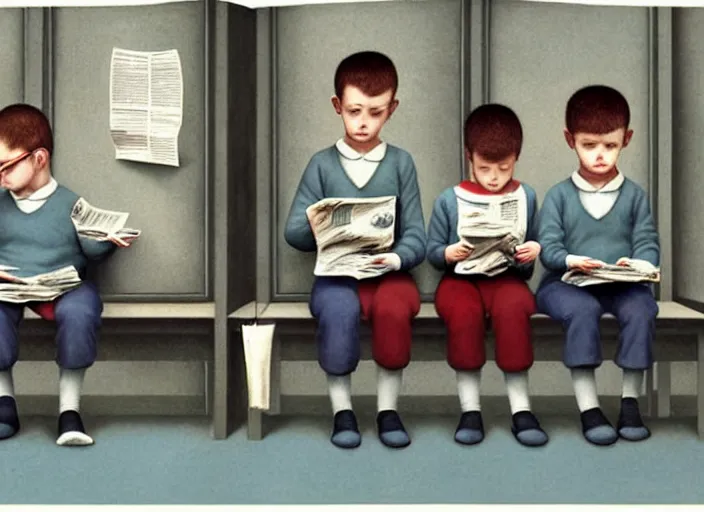 Image similar to a very boring day in school, kids wearing identical clothes reading newspapers, painting by quint buchholz and ray caesar, muted colors, gray, dull, boring, low energy, pale blue faces, very detailed