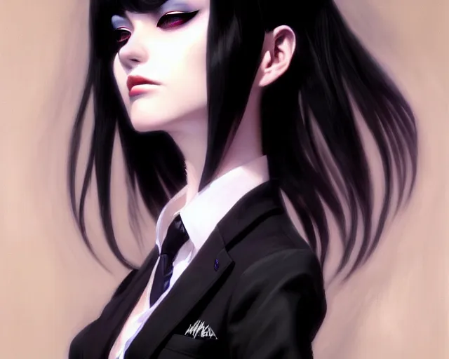 Image similar to a ultradetailed beautiful portrait panting of a stylish goth woman, wearing a shirt with a tie, dramatic, she has black hair, she is distressed, by hajime sorayama, greg rutkowski and makoto shinkai, trending on artstation