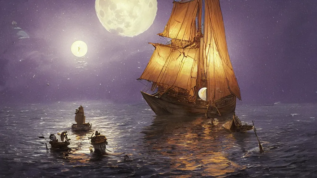 Prompt: a giant anglerfish at the surface of the water meets a sailor with a lantern on a sloop, background with large full moon and purple sky, in the styles of tom coletti, jorge jacinto, and thomas veyrat intricate, accurate details