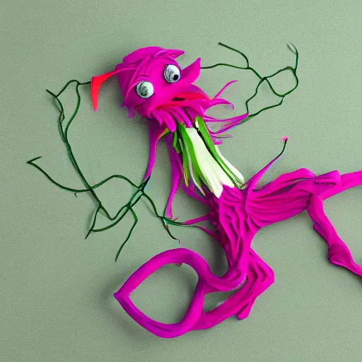 Image similar to studio photograph of a thin green vine creature with vine limbs and a pink blooming flower mouth with many sharp teeth