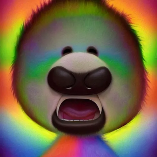 Prompt: cutie fluffy creature rainbow bear, digital art, 3 d, octave render, masterpiece, mega detailed, pixar, disney, vivid illustration, cartoon, fantasy, by george stubbs, artgerm, in the style of ghibli kazuo oga, pastel fur