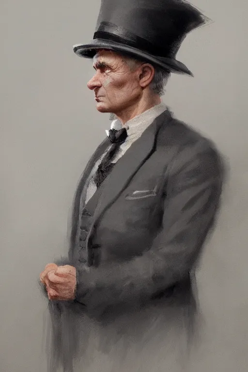 Image similar to a grey hair old halfling top hat and suit no beard by Greg Rutkowski, painting, portrait, HD, high details, trending on artstation