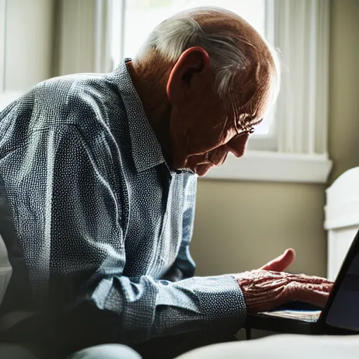 Image similar to elderly man sitting inside a casket browsing internet on laptop from a casket casket