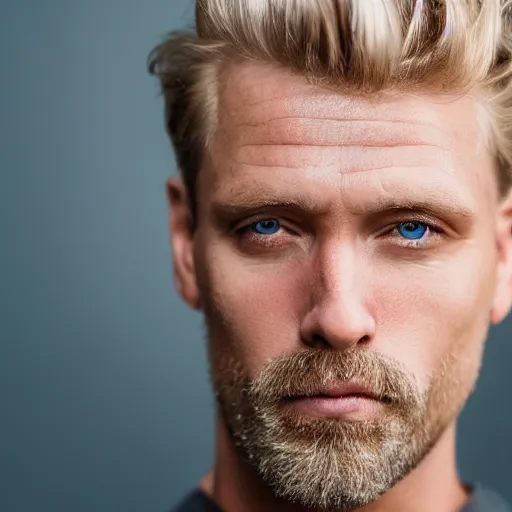 Image similar to close up of face of good looking 4 0 year old anglo slavic blond man with blond stubble, very short wavy blond hair in a short pompadour style, very dark blue eyes, portrait, 4 k