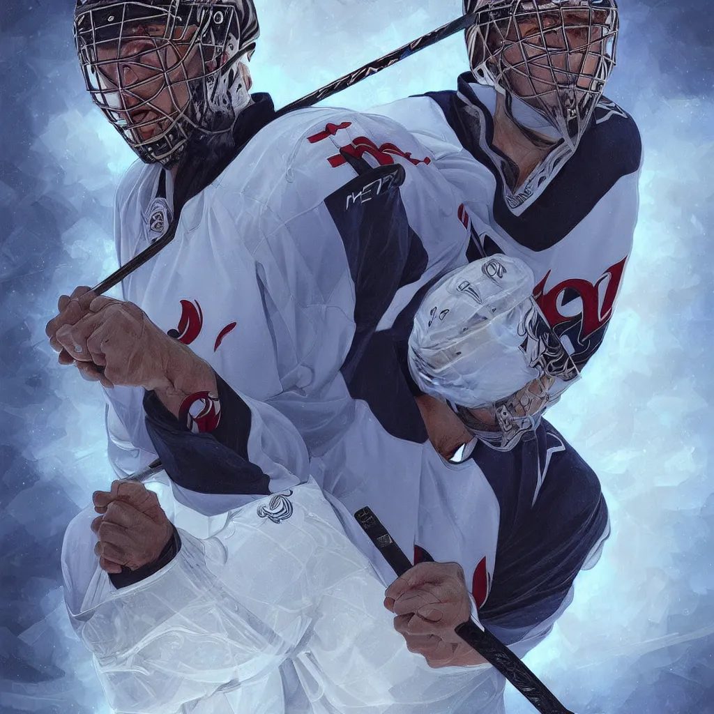 Image similar to portrait of hockey coach Igor Larionov, fantasy, intricate, elegant, highly detailed, digital painting, artstation, concept art, blue backlight, smooth, sharp focus, luxury fashion illustration, art by artgerm and greg rutkowski and alphonse mucha, brightly lit cinematic soft lighting, photorealistic