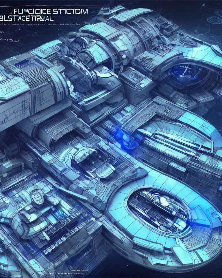 Image similar to futuristic space station, detailed blueprint and schematic with text and illustrated zoomed - in snippets, 8 k octane render 3 d unreal engine glorious intricate detailed superb, pristine clean design, center frame, desaturated, concept art, with highly detailed blueprints and text, marker concept art style rendering, hints of neon and chrome