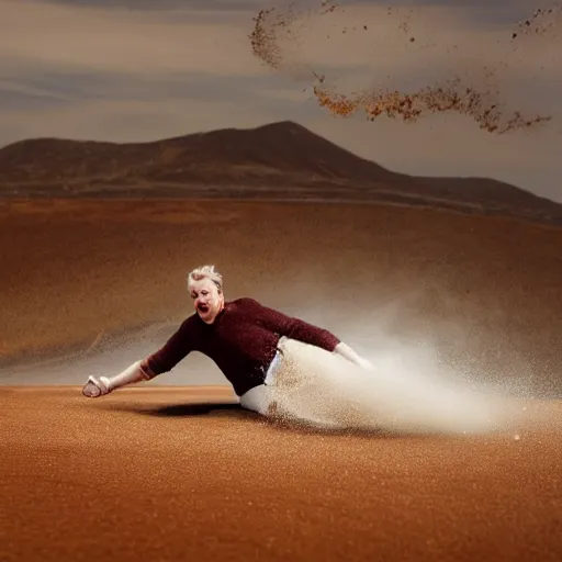 Prompt: a man sliding through brown pudding, professional photo, funny