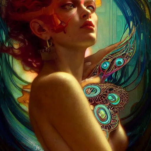 Image similar to extremely psychedelic beautiful cyborg queen of lsd. intricate, elegant, highly detailed, extremely lifelike photorealistic digital painting, artstation. steichen, gaston bussiere, tom bagshaw, cyberpunk alphonse mucha. dark pallet, melancholy. anatomically correct in every way. sultry. sharp focus. soft light.