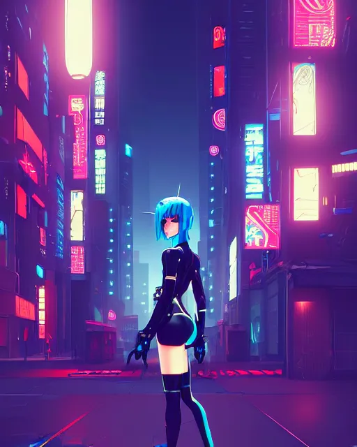 Image similar to digital illustration of cyberpunk pretty girl with blue hair, wearing a black dominatrix outfit, in city street at night, by makoto shinkai, ilya kuvshinov, lois van baarle, rossdraws, basquiat