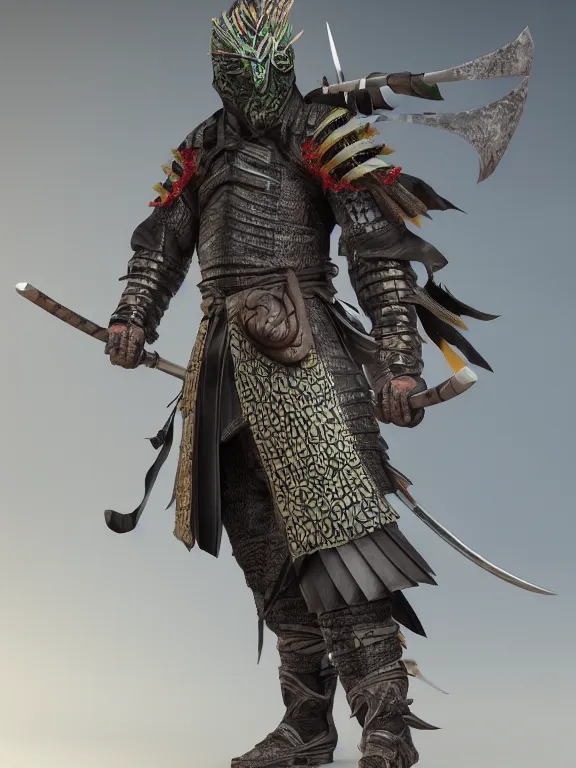 Image similar to full body front view portrait of, druidic nature ninja samurai, character design, correct anatomy, made in blender, octane render, ray tracing, ultra detailed, fantasy, intricate and highly detailed, with lots of colour, pose, sharp focus,