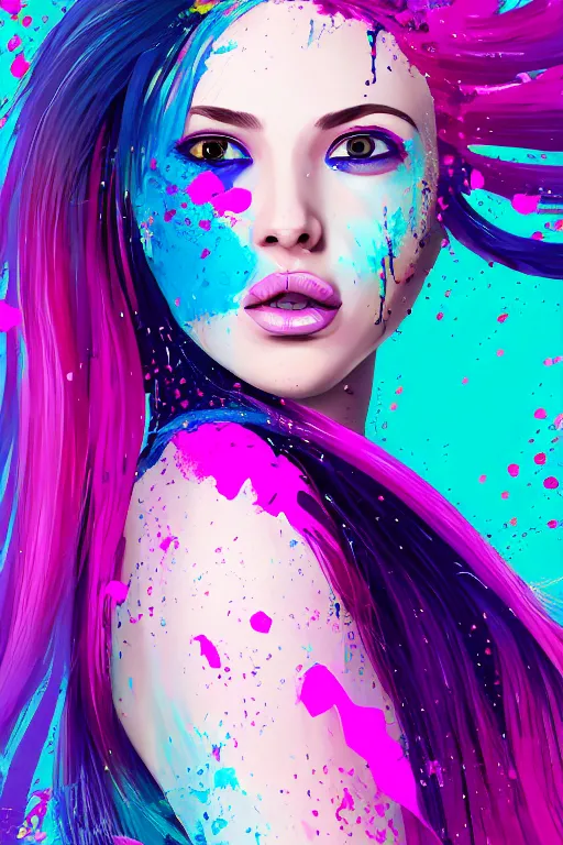 Image similar to a award winning half body portrait of a beautiful woman in a croptop and cargo pants with ombre purple pink teal hairstyle with head in motion and hair flying by wlop, paint splashes, splatter, outrun, vaporware, shaded flat illustration, digital art, trending on artstation, highly detailed, fine detail, intricate