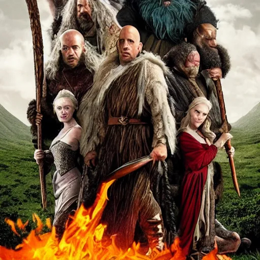 Prompt: movie poster with vin diesel as gnome bard, steve buscemi as dark barbarian lord, margot robbie as forest druid, meryl streep as ice queen of the north and samuel l. jackson as cleric in the new dunegons & dragons style movie