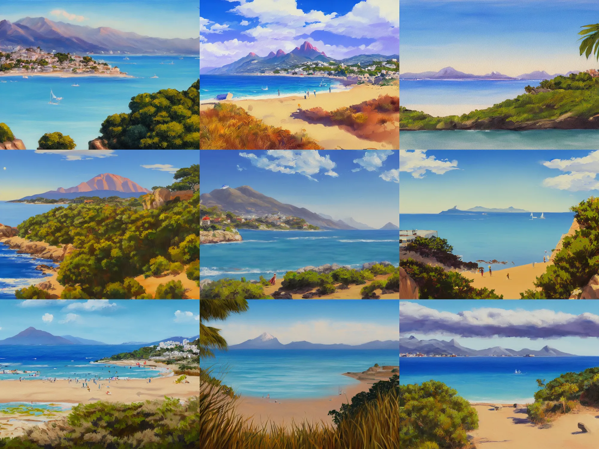 Prompt: mate painting view from the sea of marbella landscape, sun coast, small city, beach, mountain in the background, trending on artstation, studio ghibli, fine art, 8 k resolution