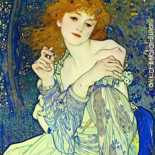 Image similar to The Blonde Girl in the Blue Dress by Gustav Klimt Alphonse Mucha Ayami Kojima and Arthur Rackham