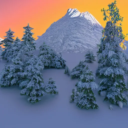 Image similar to A beautiful, snow-covered mountain, with a majestic peak, surrounded by evergreen trees, and a cold, clear sky overhead, trending on artstation, artstationHD, artstationHQ, photorealistic imagery, 3D art, 4k, 8k