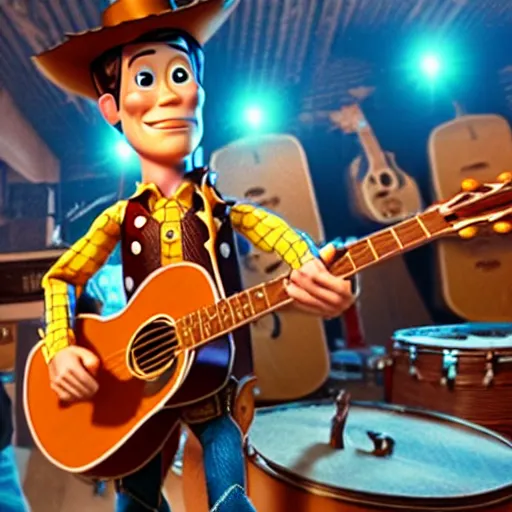 Prompt: flash photography of sheriff woody at a moshpit in local rock band