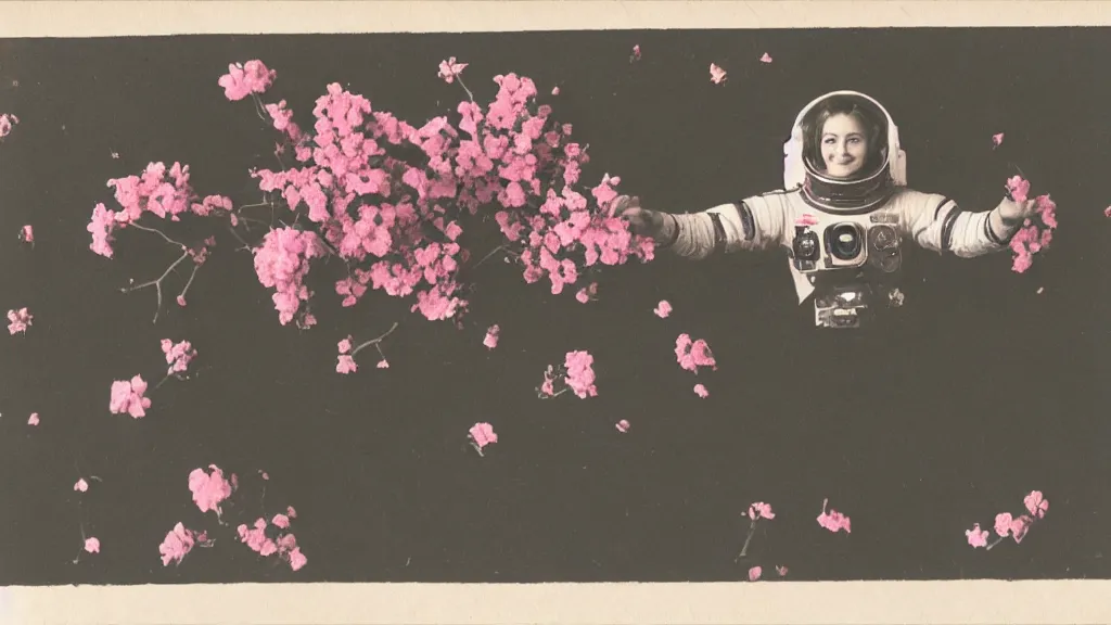 Prompt: a vintage photograph of a female astronaut standing on a bed of black and pink flowers, photorealistic, + muted colors