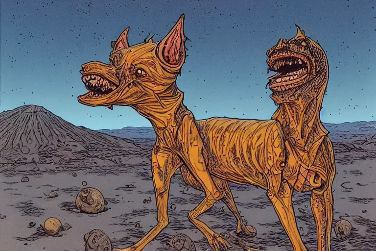 Image similar to monstrous evil xoloitzcuintli dog in the space atacama desert at dusk, hungry and drooling, cracking bones, near a retro - futuristic train station, futuristic comic book by moebius, william stout, katsuya terada