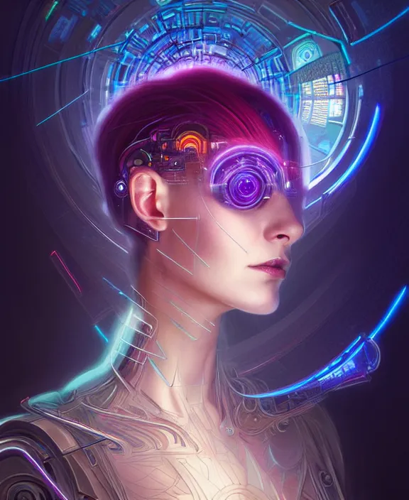 Image similar to a whirlwind of souls rushing inside the metaverse, hologram, half body, neurochip, shaved temple, piercing, jewelry, android, cyborg, cyberpunk face, by loish, d & d, fantasy, intricate, elegant, highly detailed, colorful, digital painting, artstation, concept art, art by artgerm and greg rutkowski and alphonse mucha