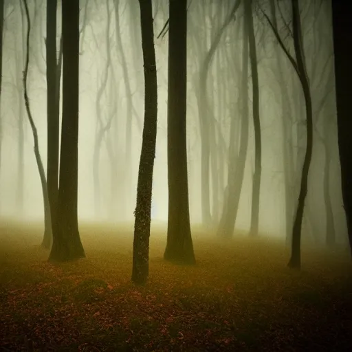 Prompt: Foggy forest at night, a dark and mysterious creature lurking in the distance, cinematic