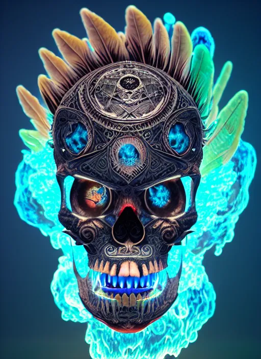 Image similar to 3 d shaman with tattoos profile portrait, sigma 5 0 0 mm f / 5. beautiful intricate highly detailed quetzalcoatl skull and feathers. bioluminescent, plasma, lava, ice, water, wind, creature, thunderstorm! artwork by tooth wu and wlop and beeple and greg rutkowski, 8 k trending on artstation,