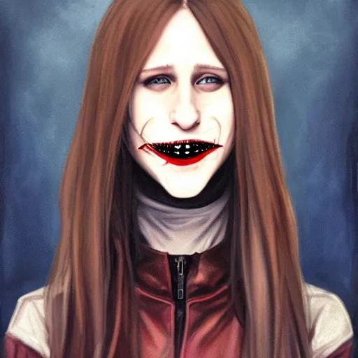 Image similar to pretty female Taissa Farmiga vampire, style ofPeter Mohrbacher, sharp vampire teeth, sarcastic smile showing teeth, symmetrical eyes, realistic face, symmetrical face, brown leather jacket, jeans, long black hair, full body