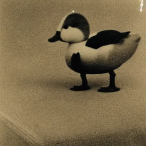 Prompt: programmer's duck after long night of debugging code, sad, drinking, old photo, vinette