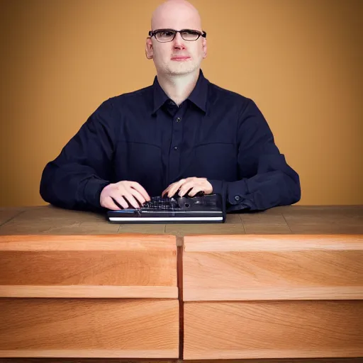 Prompt: High resolution!! Typical bald experimental electronic musician at laptop!! profile picture, 8K, Canon