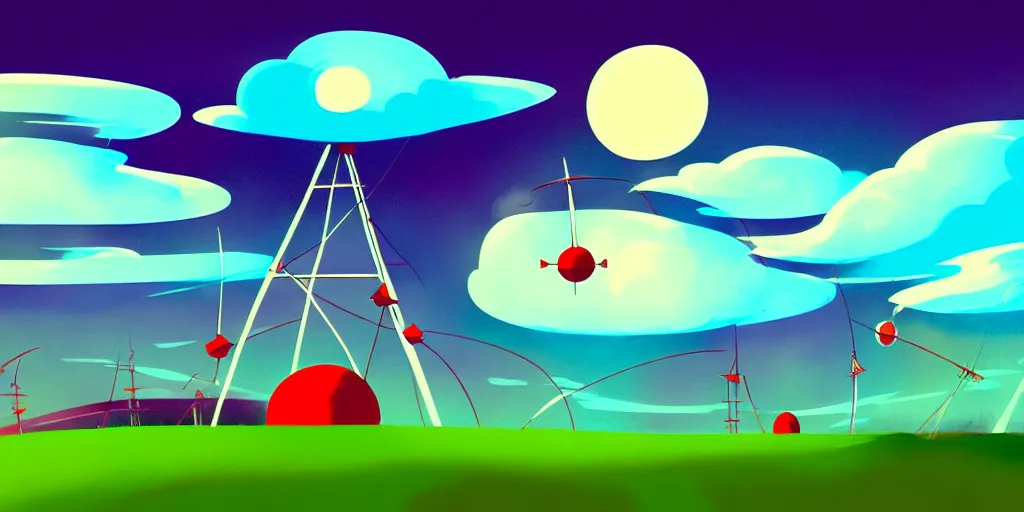 Image similar to night chubby cartoon concept art, red tv transmission antenna, from lorax movie, black blue green, spiral clouds, sam and max