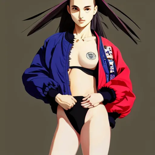 Image similar to a beautiful japanese natalie portman gravure model, wearing oversized native designer bomber jacket and leotard, bulky poofy bomber jacket with mesoamerican patterns, mesoamerican native street fashion, gapmoe yandere grimdark, trending on pixiv fanbox, painted by greg rutkowski makoto shinkai takashi takeuchi studio ghibli, akihiko yoshida