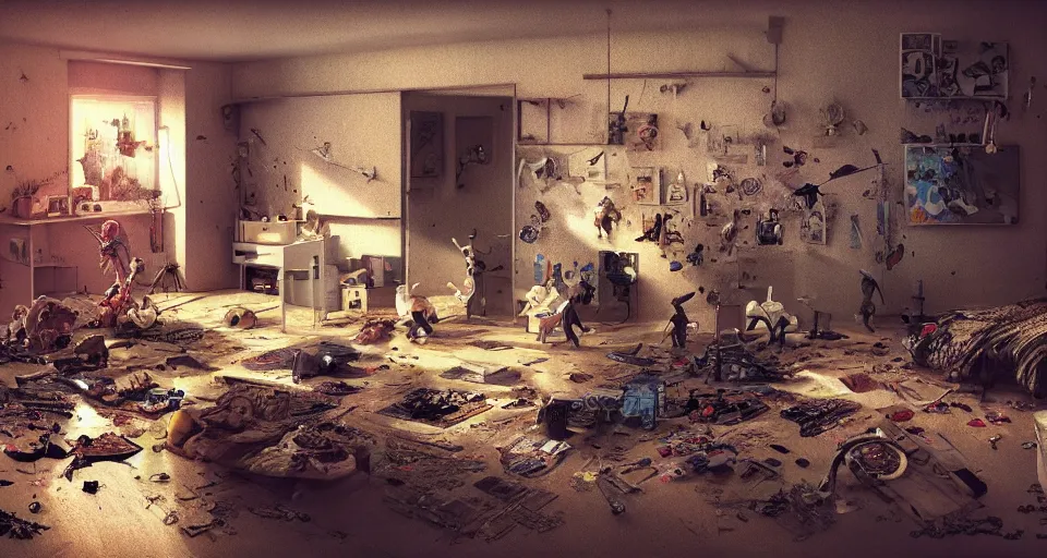 Prompt: IKEA catalogue photo, cyberpunk childrens bedroom, toys, mess, drawings, dust, organic, by Beksiński